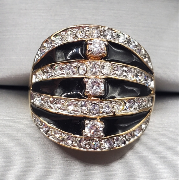 Black Enamel & Diamond Simulants Yellow Gold Tone Statement Stripe Ring - Picture 1 of 8